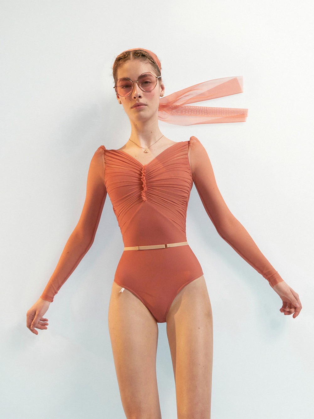 GRES - CORAL DRAPED BODYSUIT WITH LONG PUFF SLEEVES