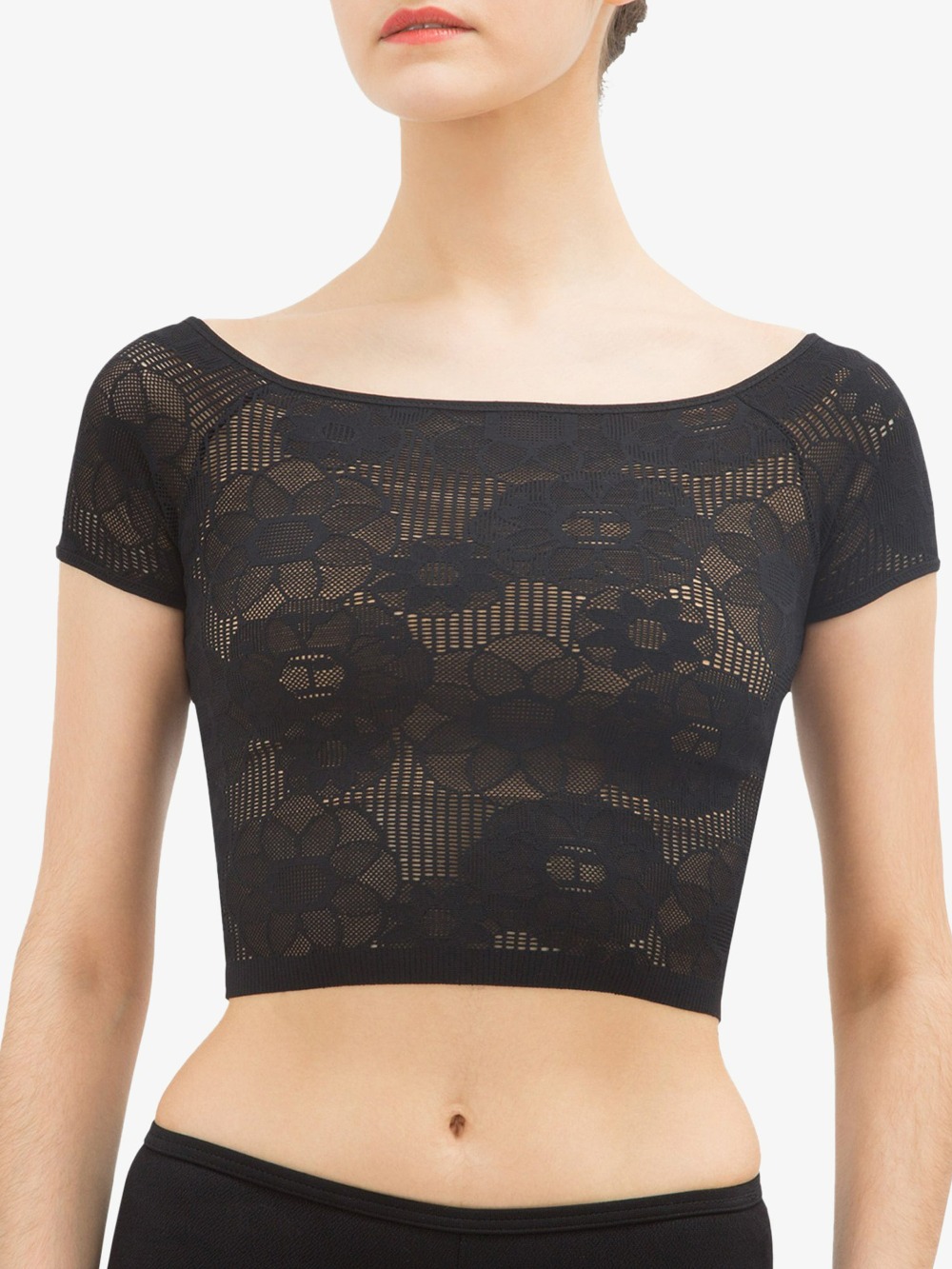 SHORT SLEEVES TOP IN LACE - BLACK
