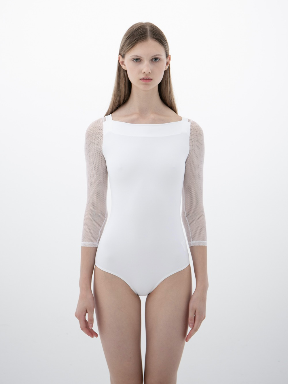 3/4 SLEEVED LEOTARD WITH LACE - WHITE