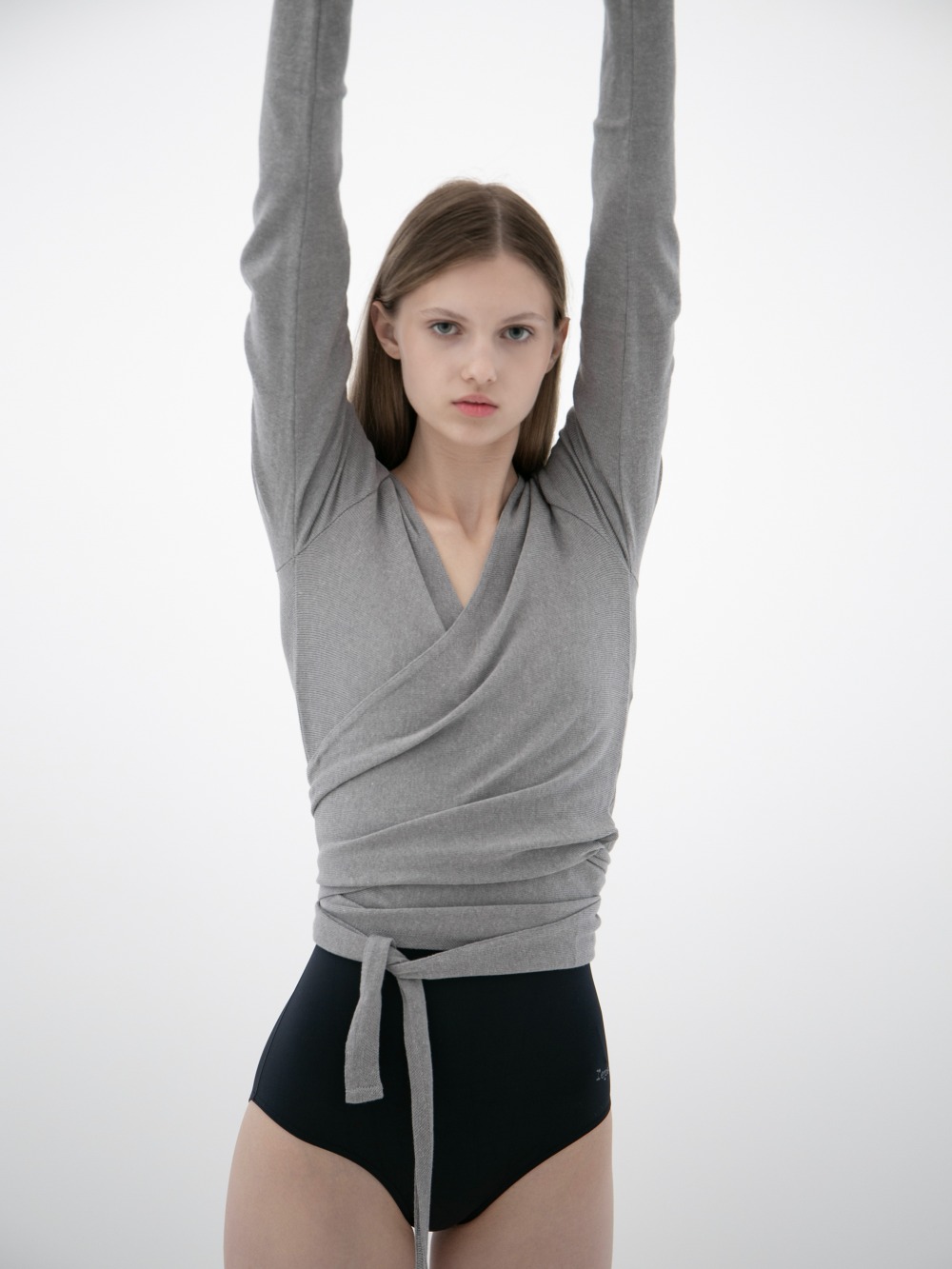 LONG SLEEVED WRAP-OVER TOP - GREY