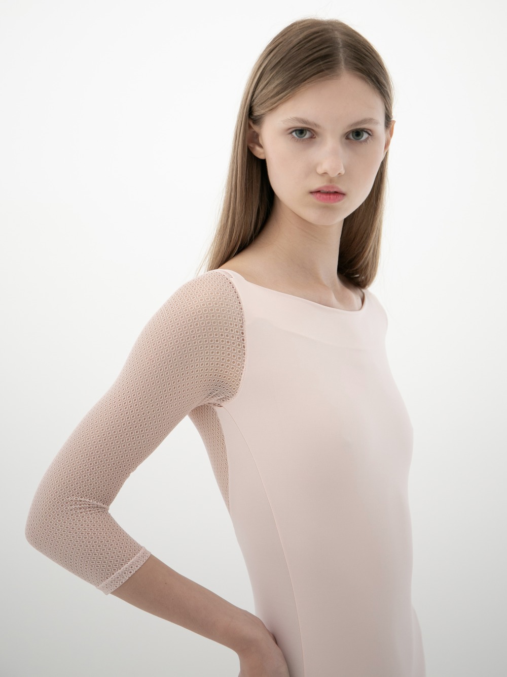 3/4 SLEEVED LEOTARD WITH LACE - PETAL PINK